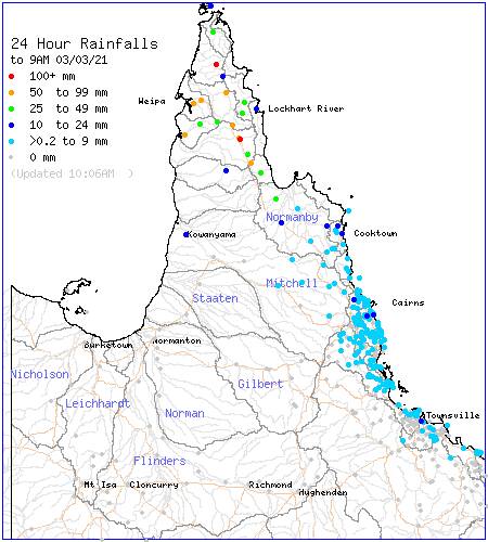 Rainfall totals in the past 24 hours have decreased in North Queensland as Cylone Niran adopts a southeasterly track and accelerates away from the coast. Map: BoM