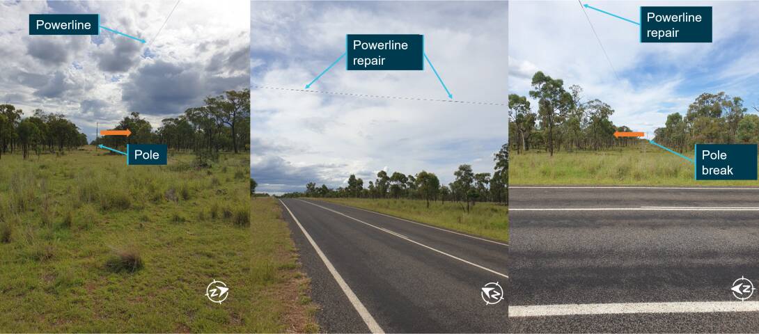 Powerline above the Kennedy Developmental Road showing location of break and direction of supporting pole movement. Picture supplied by Queensland Police Service, modified by ATSB 