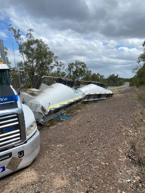 Police declare PSPA after a B-double truck carrying ammonium nitrate rolled over on Fitzroy Development Rd, Valkyrie, 53km south of Nebo, at 5.20am this morning. Picture: QLD Police
