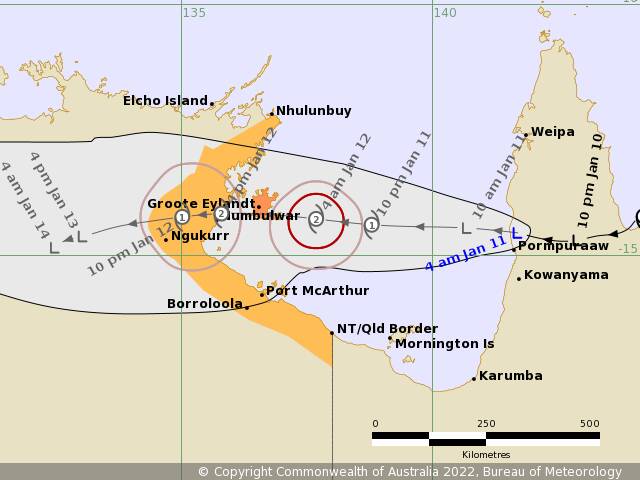 Ex-Tropical Cyclone Tiffany issued at 4am ACST Tuesday 11 January 2022. Map: BoM 