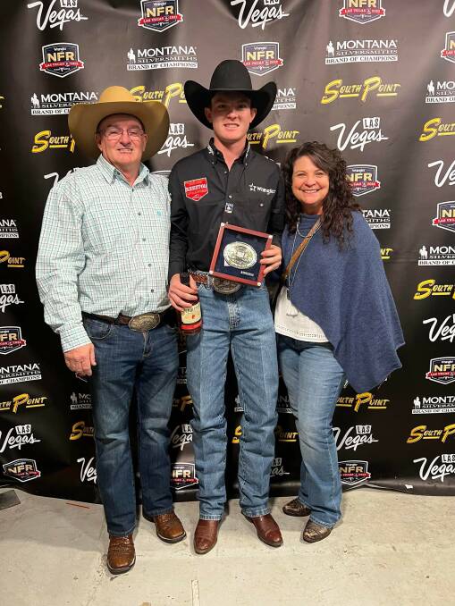 Ky with his proud parents Micheal and Sharell Hamilton at the NFR. Picture supplied 