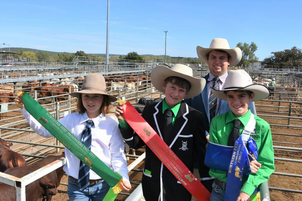 12 and Under Winners: 1st Dusty Allen, All Souls, 2nd Ben Leake, All Souls, and 3rd Lucy Nielsen, Charters Towers Distance School of Education, with over judge Isaac Kent, Ooline Brahmans Goovidgen. 