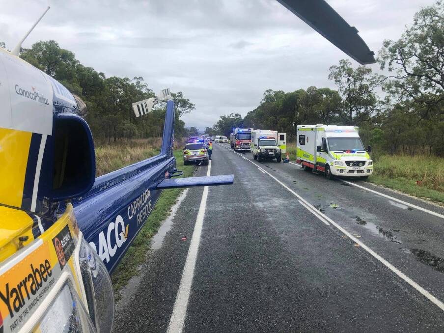ELeven patients were assessed following a head-on crash between Canoona and Kunwarara, 40km north of Rockhampton. Picture: RACQ Capricorn Rescue 