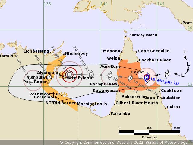 Tropical Cyclone Tiffany is currently 25 kilometres northwest of Cape Melville and 185km north northwest of Cooktown. Graph: BoM 