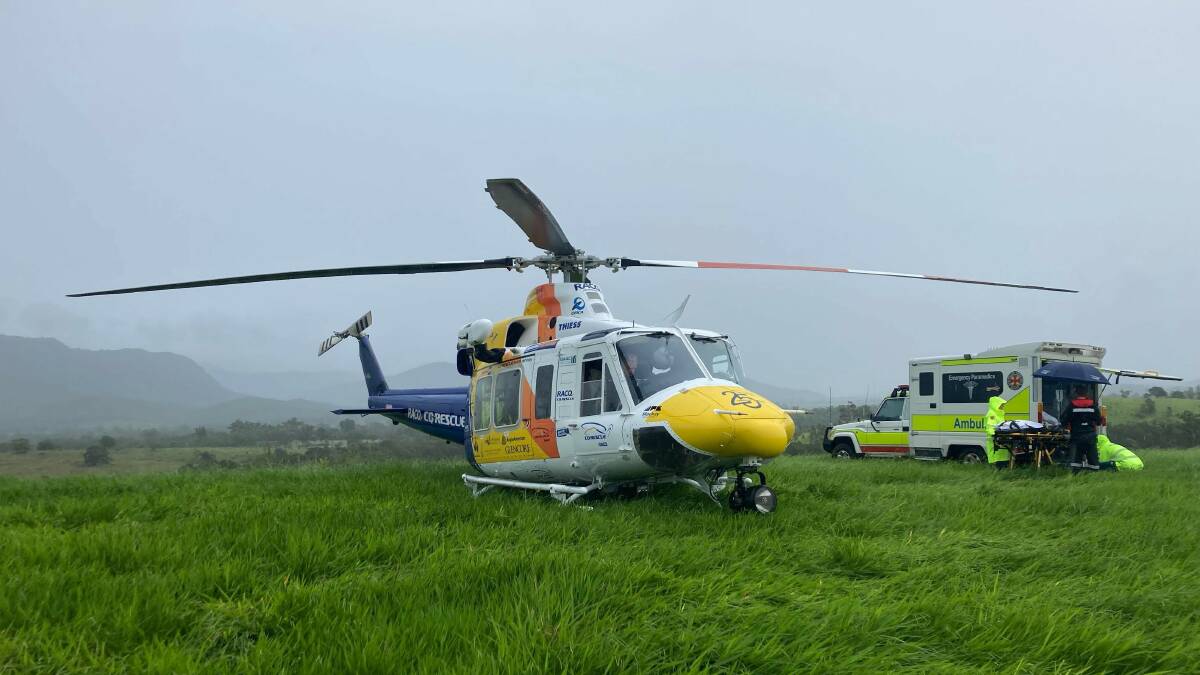 The 55-year-old farmer was airlifted to Mackay Base Hospital in a stable condition. Photo: RACQ CQ Rescue 