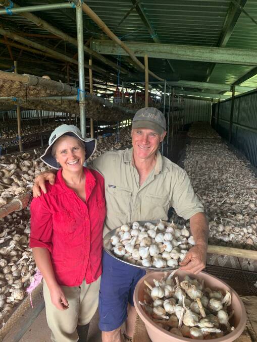 Gwen Bocci and Adam Collins, Kaban, standing inside their packing shed following a successful 2020 garlic growing season. Picture: Ben Harden 