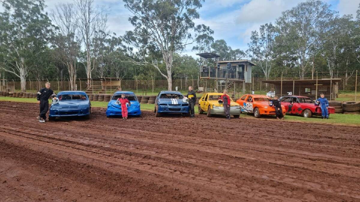 Jack Jonsson, Colby Jonsson, Sophie Jonsson, Harrison Jonsson, William Jonsson and Callum Jonsson, at the Herberton raceway with their stock cars. Picture supplied. 