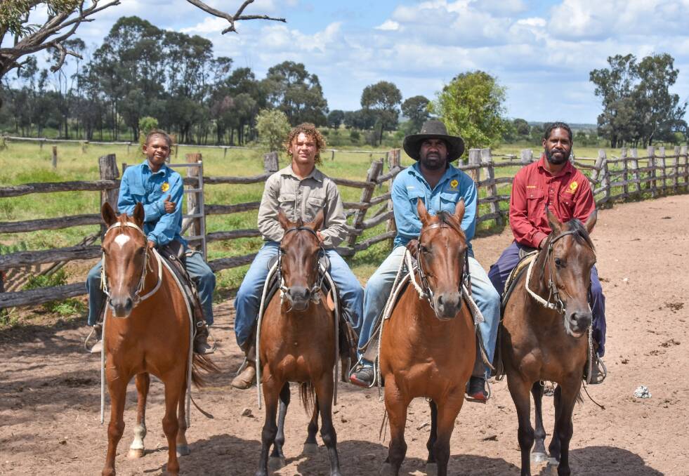 Christopher Doyle, 16, Triston Bunjhi, 18, Joseph and Raymond Oakley, all stockman of Woorabinda Pastoral Company at Foleyvale, Duauringa. Pictures by Ben Harden 