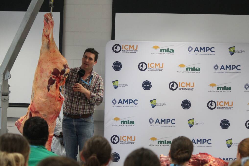 ICMJ northern committee chair and Teys Australias Biloela general manager Ethan Mooney discusses carcass characteristics to delegates at the Central Queensland Innovation and Research Precinct. Picture: Ben Harden