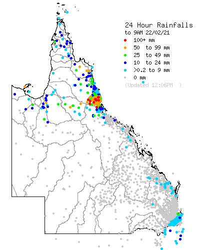 Sunday 21 February-Monday 22 February Rainfall: Parts of Far North Queensland was inundated with rain, with towns on the east coast recording more than 100mm. Graph: BOM