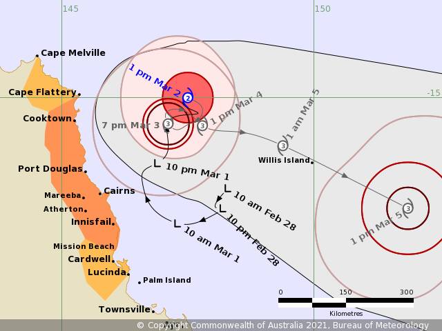 Tropical Cyclone Niran Forecast map: Issued at 1:52 pm AEST Tuesday 2 March 2021. Map: BoM