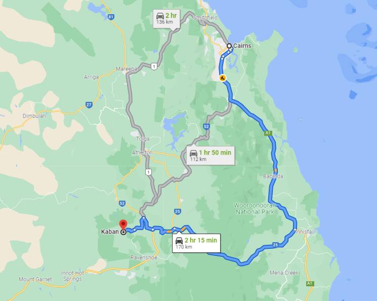 The route from Cairns to Kaban. Image: Google maps
