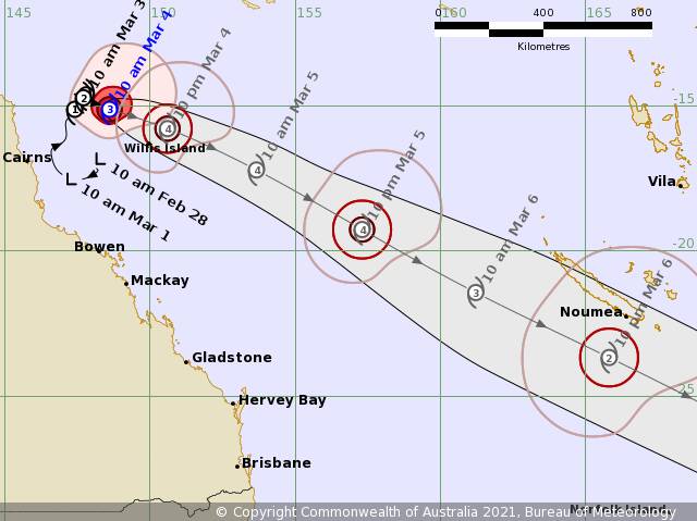 Severe Tropical Cyclone Niran forecast issued at 10:56 am AEST Thursday 4 March 2021. Map: BoM