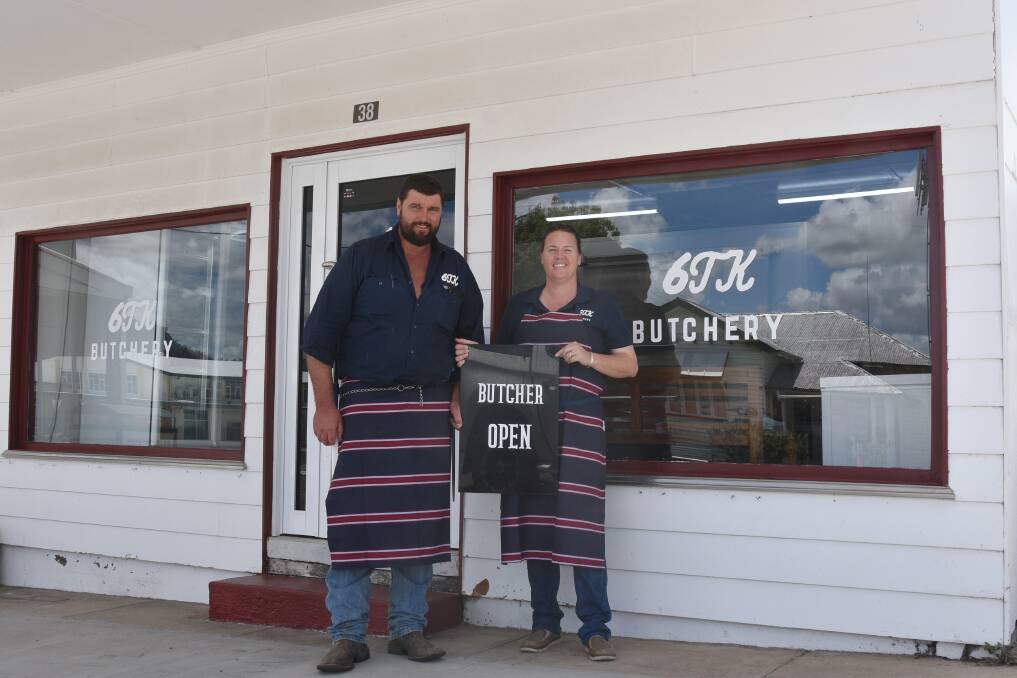 Tyson and Kirra outside their 6TK Butchery store on mainstreet of Springsure. Picture: Ben Harden 