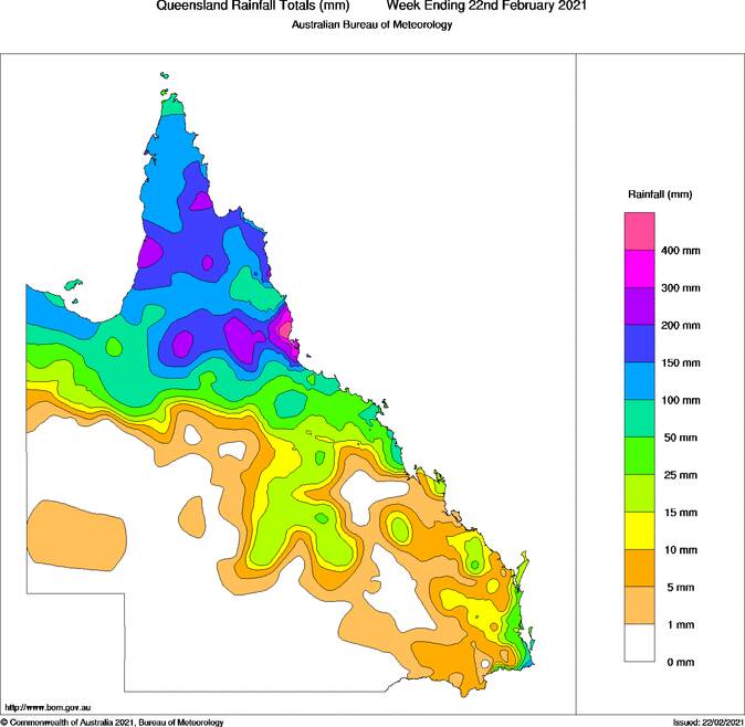 Weekly rainfall totals for Queensland 16/02/2021 22/02/2021. Graph: BOM