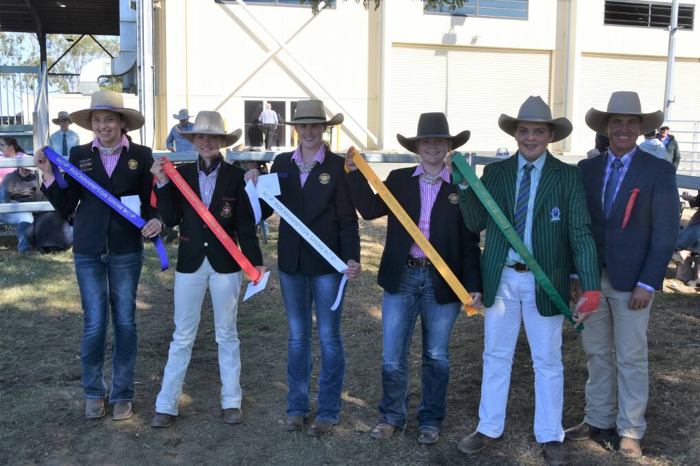14 years and under: First Jessica Chapman, second Greta Smith, third Macee McGilvray, fourth Sophie Cutting and fifth Dawson Jones with judge Wayne York, Emerald. 