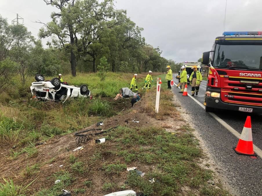 Emergency services were tasked to the scene of a multi-
vehicle accident early Monday morning, where eleven people were involved. Picture: RACQ CAPRICORN RESCUE