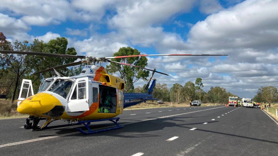 The RACQ CQRescue chopper was tasked to the horrific two-car accident on the Peak Downs Highway just after 6am on Wednesday morning. Picture by RACQ CQ Rescue