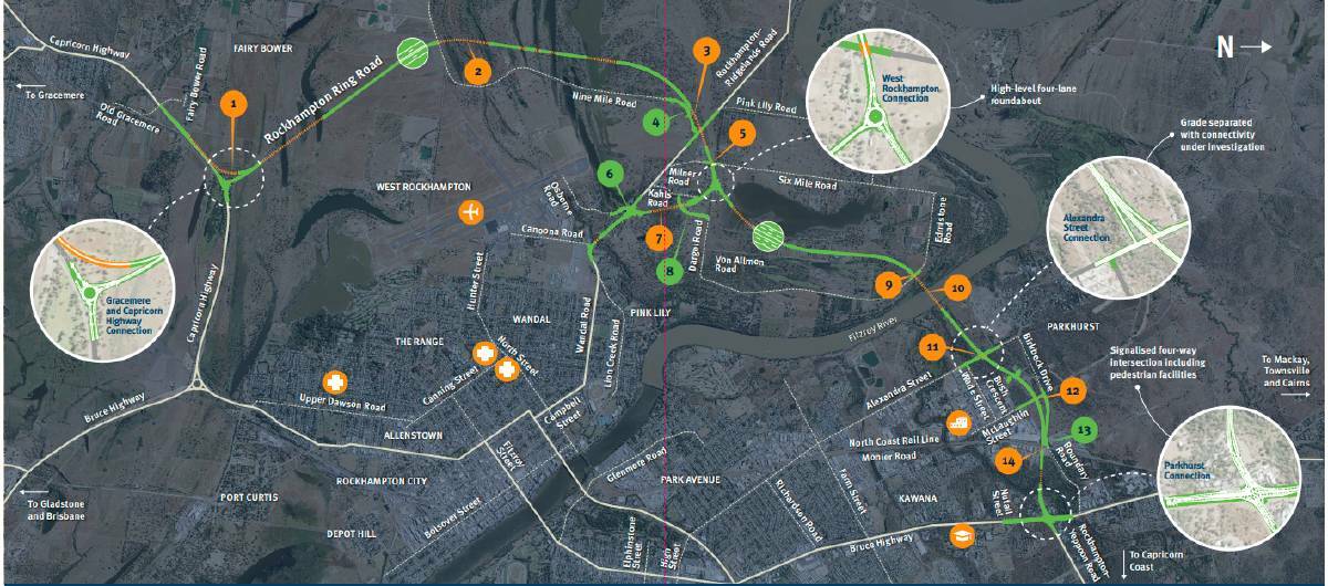 View Rockhampton Ring Road - design map. Map by TMR 