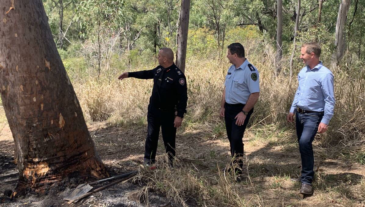 QFES Assistant Commissioner Darryl King, central region manager Brian Smith and Peter Donaghy at his property in Emu Park, inspecting the recent aftermath of Operation Cool Burn.