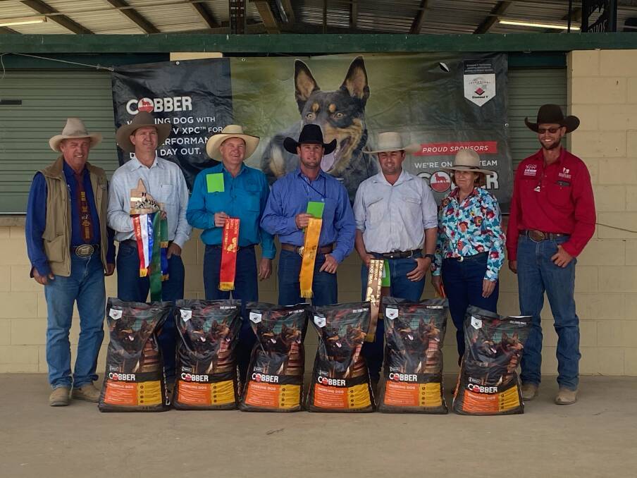 NOVICE WINNERS: Judge Joe Wroe, Middlemount with overall winner Ross Kehl with Karinya Nelson, 2nd/3rd Jamie Sturrock with Craig Lea Ruby tied with Glenn Dickson with Douglas Meg, 4th Ross Kehl with Double K Tommy, 5th Isaac Hotz with Bells Donald and 6th Antony Moulder with Narroonda Mis. 