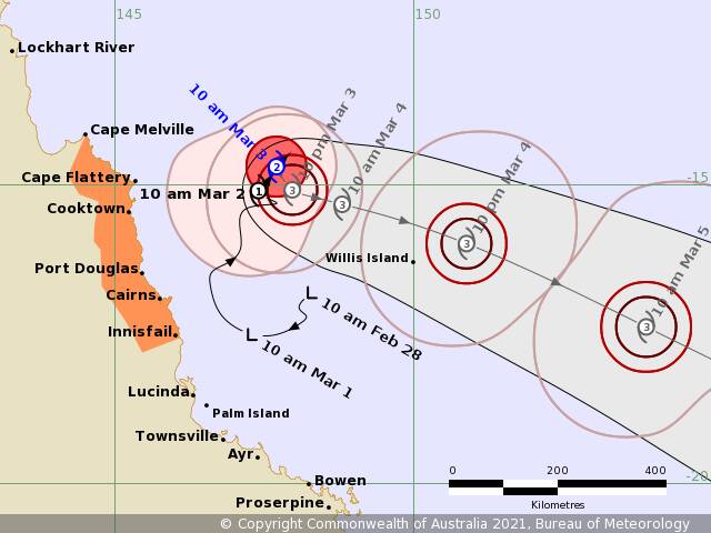 Tropical Cyclone Niran forecast map Issued at 10:57 am AEST Wednesday 3 March 2021. Map: BoM