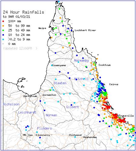 Far North Queensland past 24-hour Rainfall and River Conditions. Map: BoM
