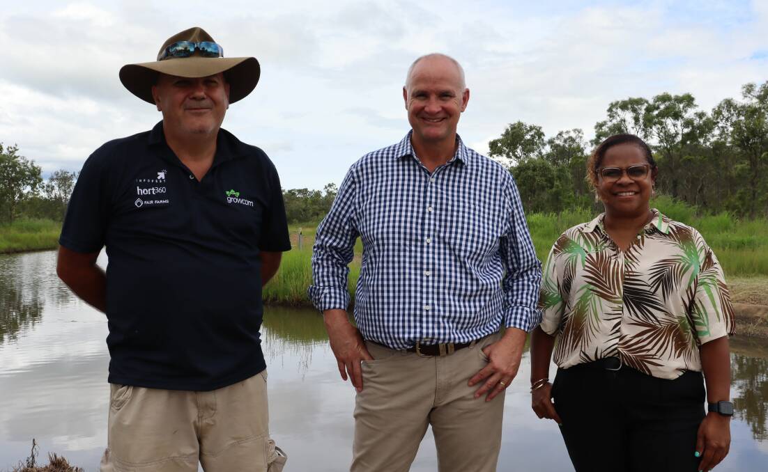 Far North Queensland Growers president Joe Moro, with Water Minister Glenn Butcher, and Cook MP Cynthia Lui in Dimbulah. Picture: Lizzy Aboud 