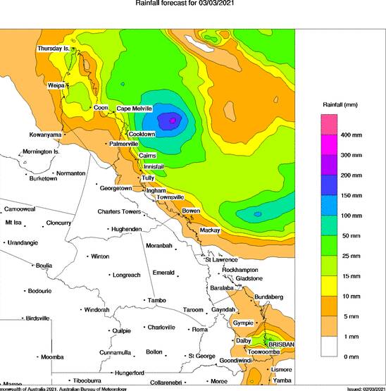 Queensland Rainfall forecast for the next 24 hours. Map: BoM