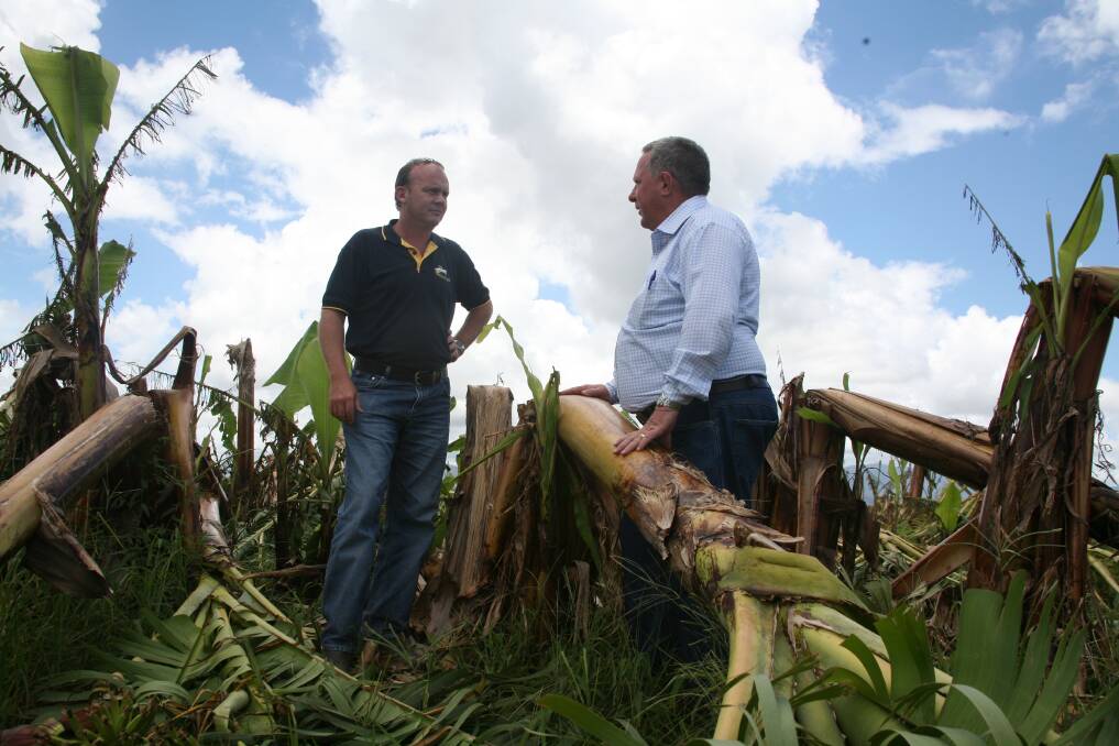 Former ABGC chair Cameron Mackay shows former Queensland Agriculture Minister Tim Mulherin his farm, which was devastated by Cyclone Yasi in 2011. Mr Mulherin sadly lost his battle with cancer last year. Picture: ABGC 