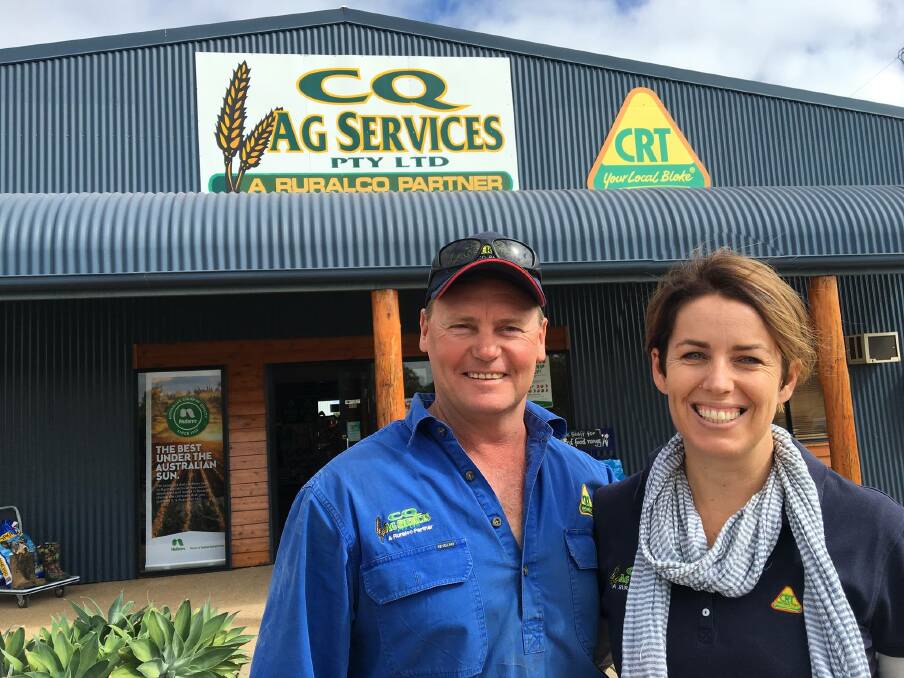 CQ Ag Services general manager and senior agronomist Darren Young, with his wife and office manager Cherie Young, in front of the Emerald store.