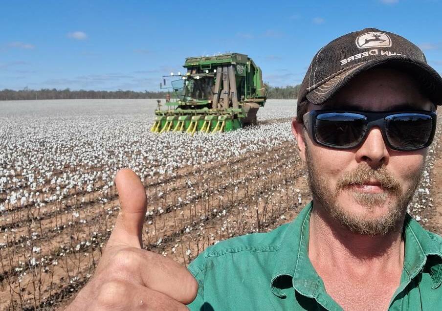 Fourth generation farmer Bradley Jonsson, celebrating a successful cotton crop last season. 