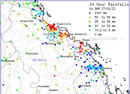 Townsville to Mackay Rainfall and River Conditions. Map: BoM 