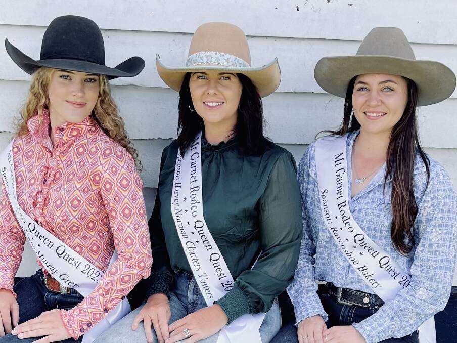 Mt Garnet Rodeo Queen Quest entrants Emma Armstrong, Jaide-Alyce Ferguson, and Margot Martin. Pictures supplied
