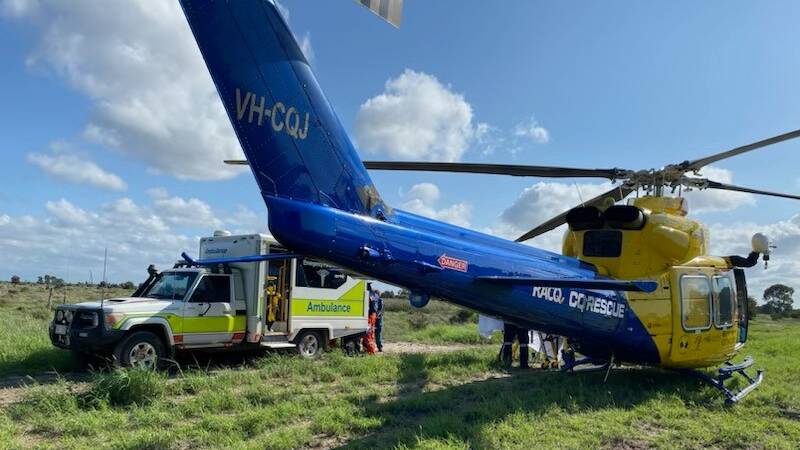 RACQ CQRescue Helicopter was tasked by Queensland Health to airlift a teenager from a cattle property, 140km south-west of Mackay on Friday morning. Picture: CQRescue 