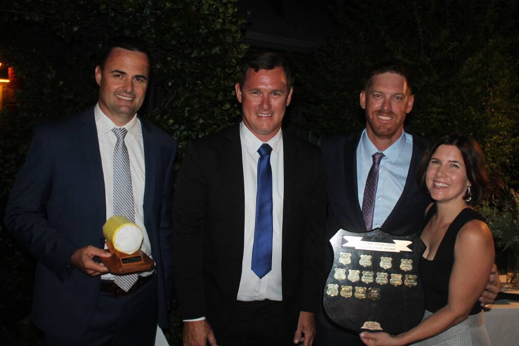 WINNERS: Nigel Burnett, Dean Thompson and Beth Burnett, Colorada Cotton, Emerald, accepting the first place award for quality and highest yield for the 2019/20 central highlands cotton season, with CHCGIA president Aaron Kiely, Emerald. Picture: Ben Harden