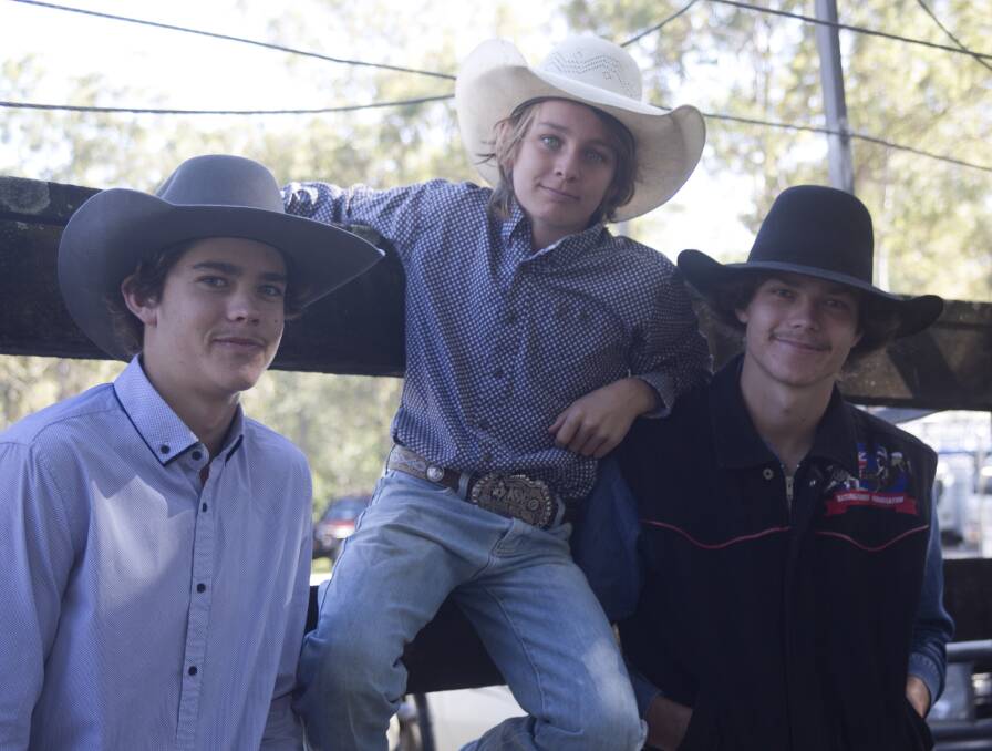 Central Queensland bull riders Jack Bode, 18, Rex Walker, 12, and Ben Bode, 16, will compete in the Youth Bull Rider World Finals in America. Picture: Megan Bradshaw 