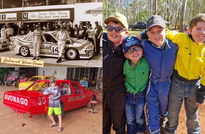 Brothers Warren and Graham Jonsson at the Bathurst race in 1991, (bottom left) young Callum Jonsson with his stock car, and (main picture) William Jonsson, Colby Jonsson, Callum Jonsson and Jason Harron. Pictures supplied. 