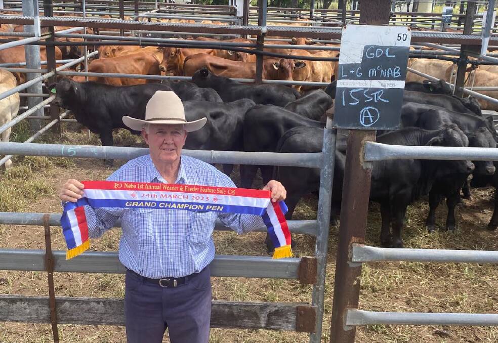 Lindsay McNab of Nebo, with his grand champion pen and first place steer pen which topped the sale at 448.2c/kg. Picture supplied by GDL Mackay 