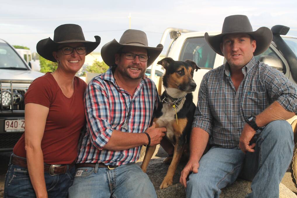 Prue and Tim Flynn, Ridgelands, Wildcard Working Dogs, with their collie and kelpie cross called Bongo, who sold for $10,000 to buyer Grant Jefferis, Cloncurry. 