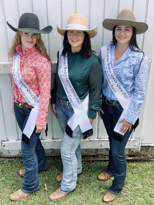 Mt Garnet Rodeo Queen Quest entrants Emma Armstrong, Jaide-Alyce Ferguson, and Margot Martin. Pictures supplied 