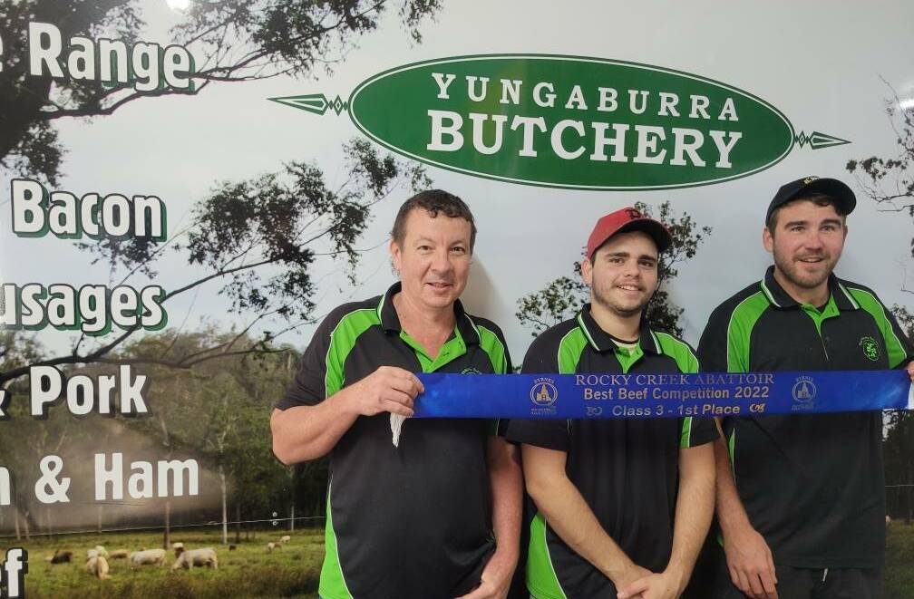 Yungaburra Butchery owner Glenn Plath, with Will Able and Jimmy Malone. 