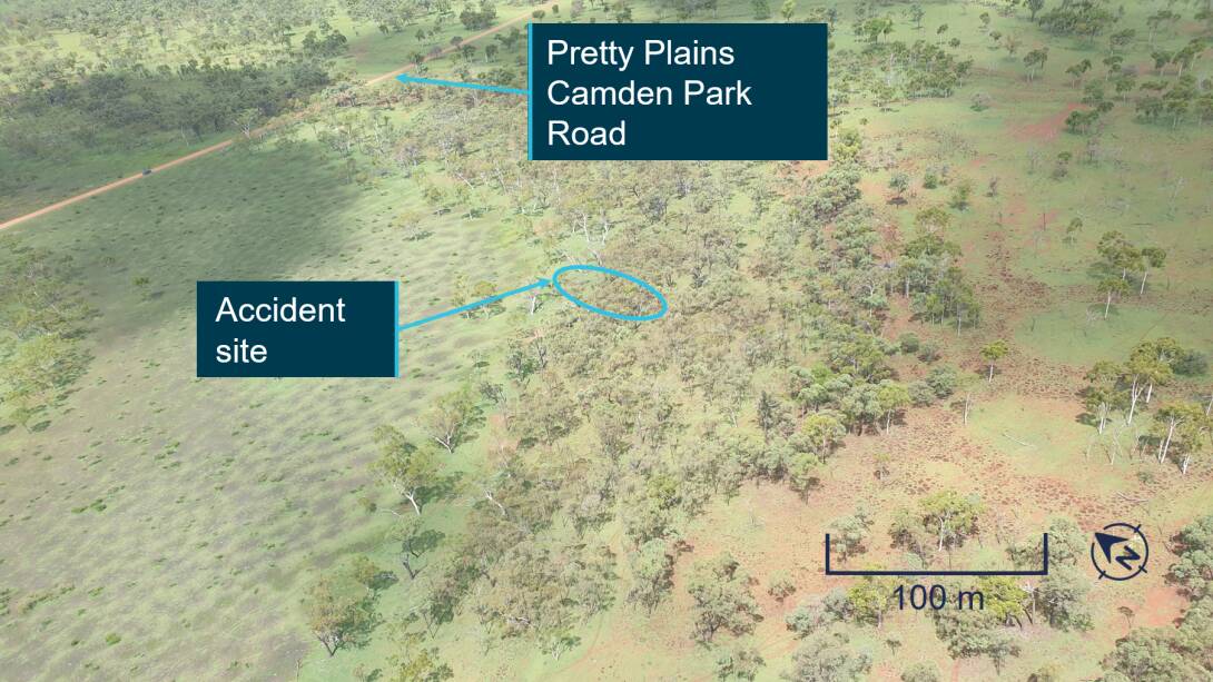 Aerial view of accident site showing Pretty Plains Camden Park Road. Picture supplied by Queensland Police Service, modified by ATSB 
