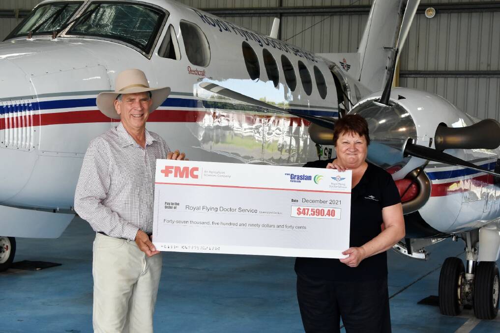 On behalf of FMC Australia, Graham Fossett, Rockhampton, presented a cheque for $47,590.40 to the RFDS Queensland Section, with RFDS base support manager Trish Short, Rockhampton, accepting the donation last Friday. Picture: Ben Harden 