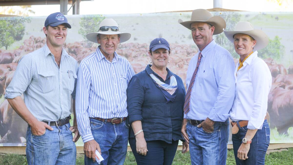John, Richard and Robyn Simmons, Avon Downs, Clermont selected 10 bulls at the Glenlands Sale for an average $16,800, topping at $50,000. After the record breaking Glenlands Sale the trio were pictured with Darren and Helen Childs, Glenlands Stud.