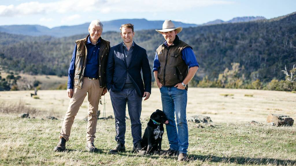 Kingston superfine wool producer Simon Cameron, M.J. Bale founder Matt Jensen and Kingston manager Andrew Buxby. Picture: Melanie Kate Photography. 