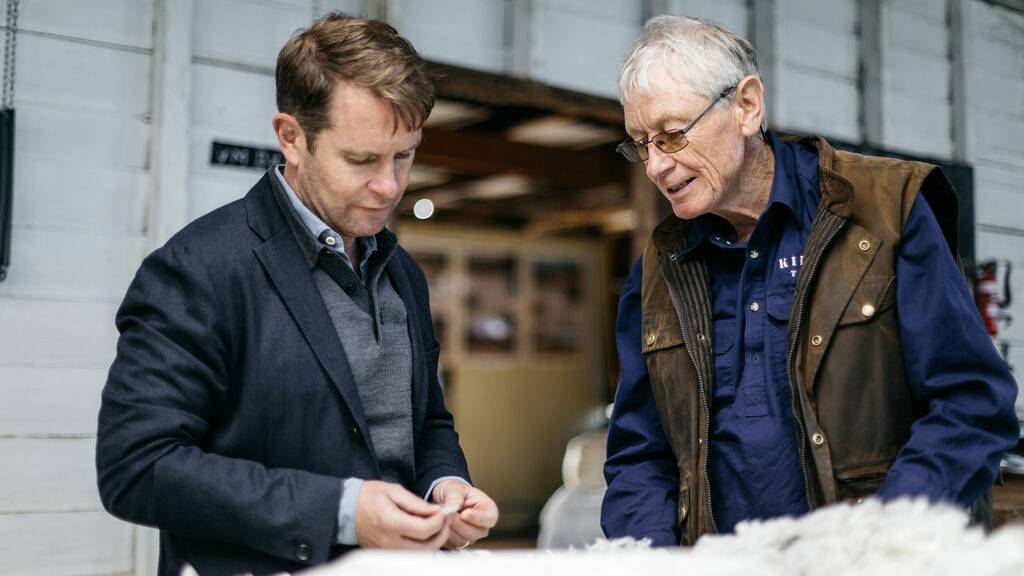 M.J. Bale founder and CEO, Matt Jensen, with superfine wool producer Simon Cameron. Picture: Melanie Kate Photography. 