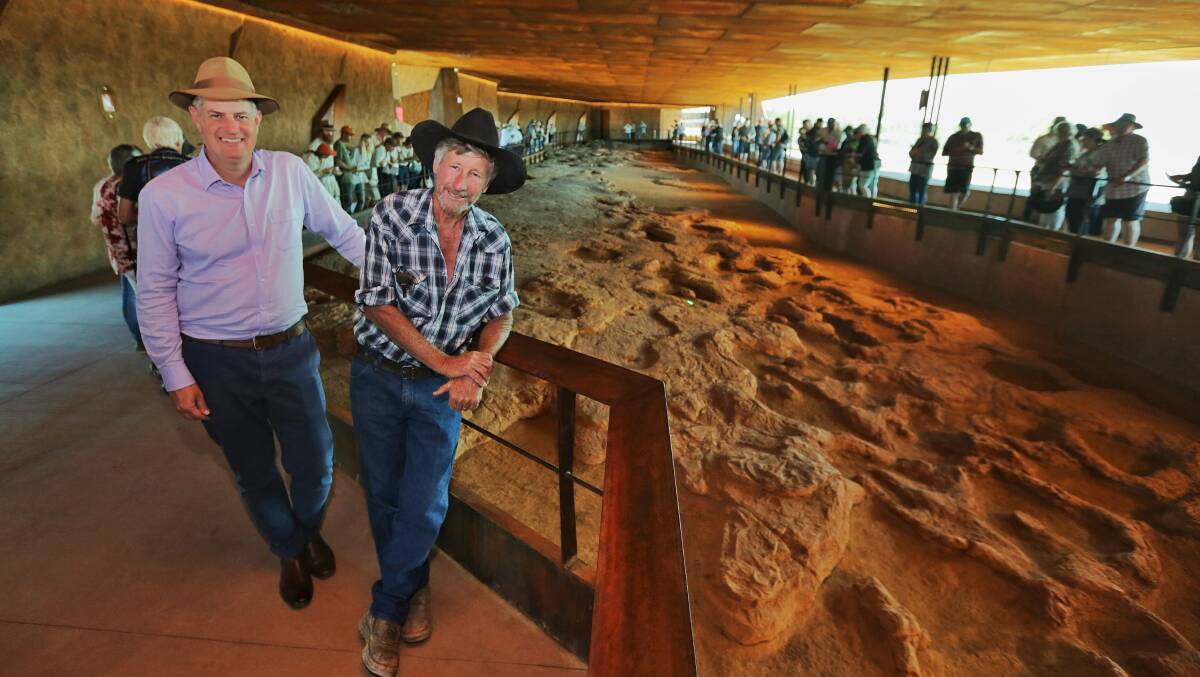 Tourism minister Stirling Hinchcliffe with Australian Age of Dinosaurs founder David Elliott at the sauropod track site. 