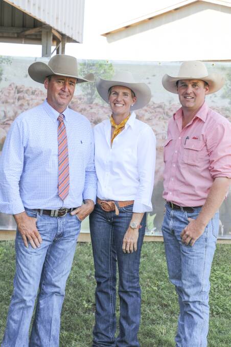Adam Geddes, Oasis Stud, Rockhampton (right) picked up two bulls in the sale including the second top seller, the $62,500 Abor (P). Adam is pictured with Darren and Helen Childs, Glenlands Stud.