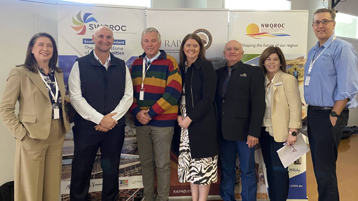 Senator Susan McDonald, water minister Glenn Butcher MP, Longreach mayor and RAPAD chairman Tony Rayner, Regional Australia Institute CEO Liz Ritchie, Carpentaria mayor and NWQROC chair Jack Bawden, Balonne Shire mayor and SWQROC chairwoman Samantha OToole and Queensland Resources Council policy director- economics Andrew Barger in Richmond for the WQAC assembly.